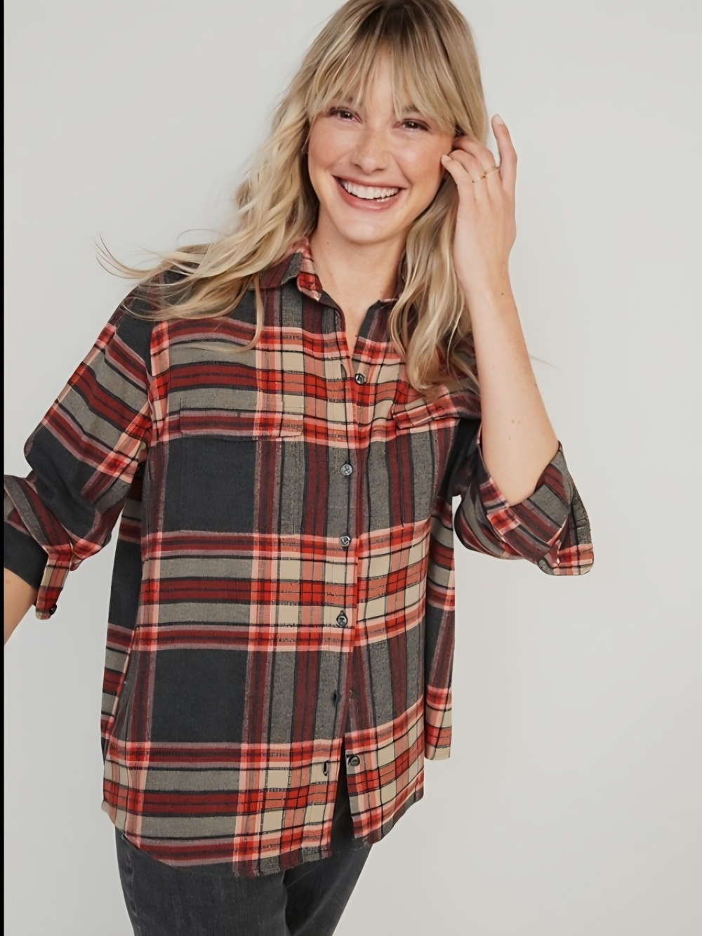 Old Navy The Boyfriend Shirt - Red/Gray Plaid (XL)